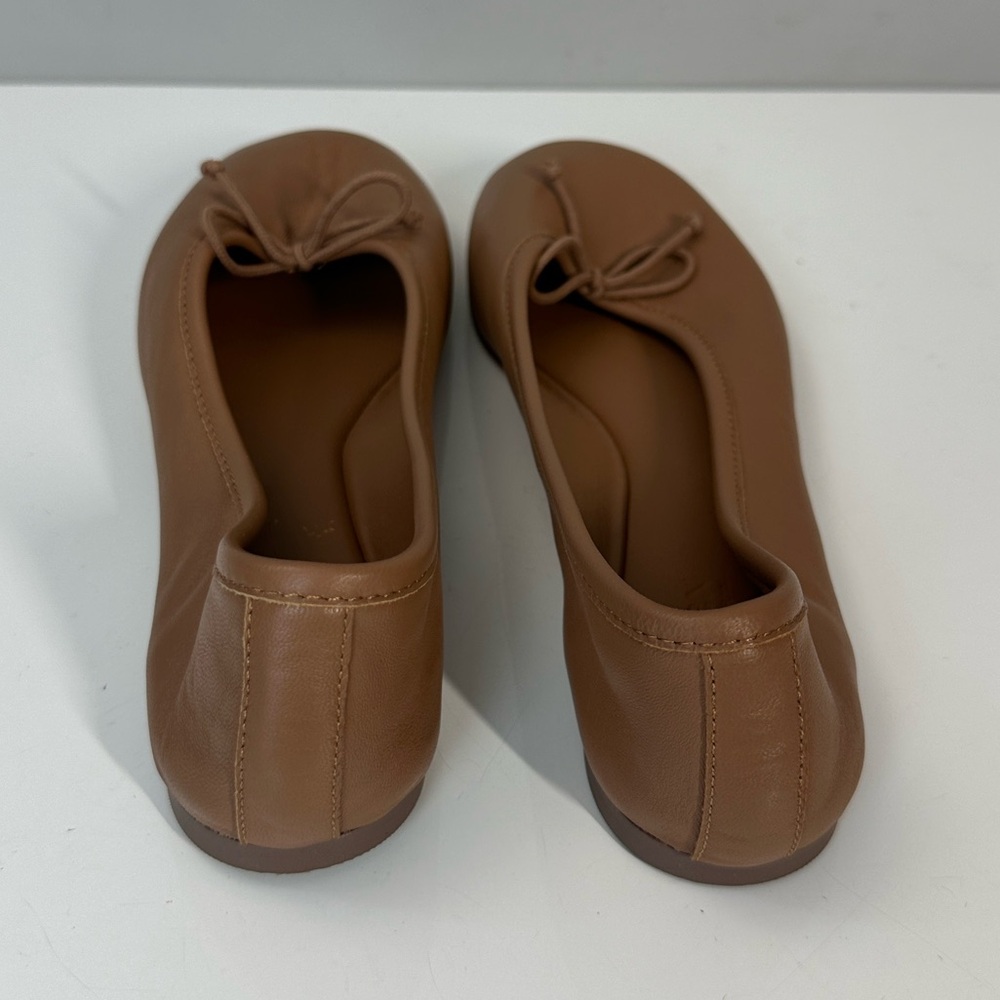 Women's Tan Leather Ballet Flats with Bow - Picture 7 of 15